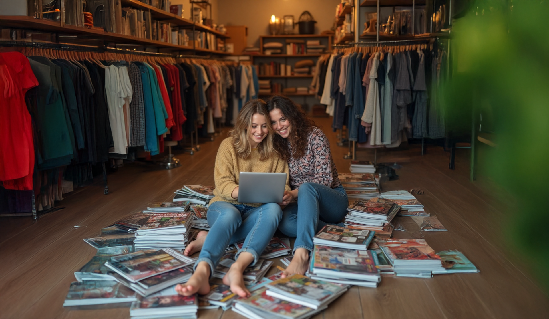 2 vrouwen zitten op een stapel magazines, kijkend op een laptop
