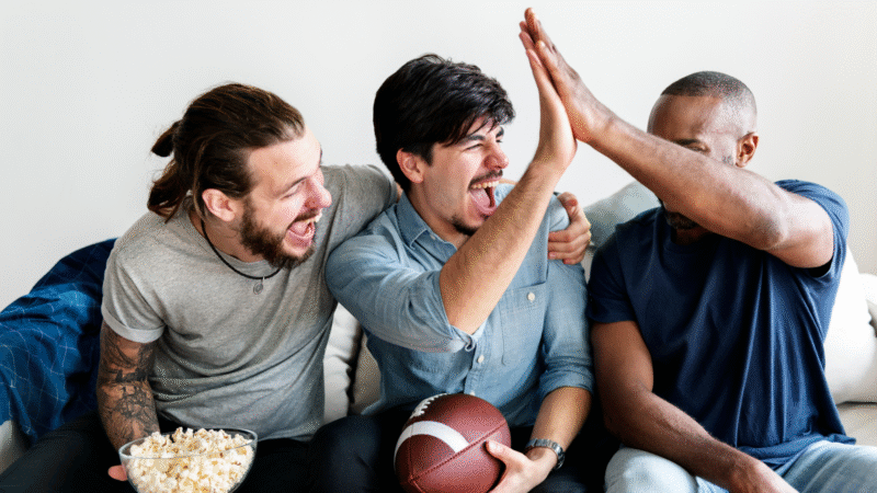 Sfeerbeeld groep mannen supporterend voor hun favoriete sport