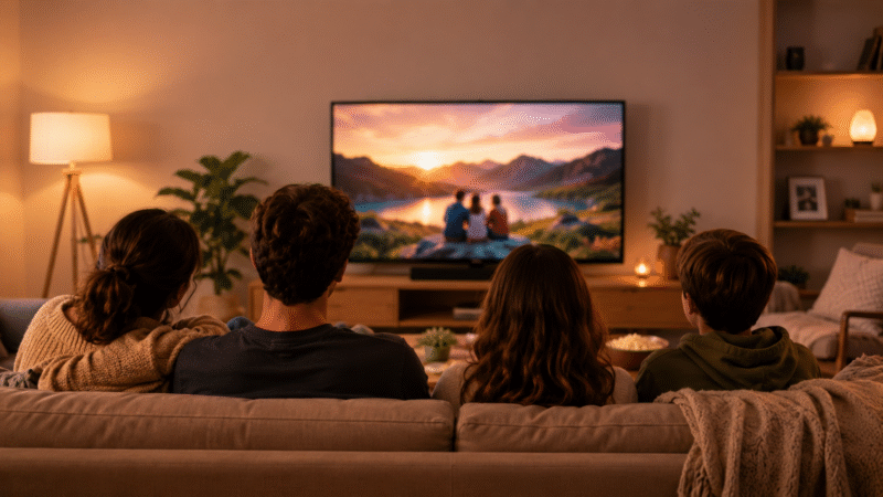 Gezin kijkt naar tv in sofa naar themazenders Ads & Data