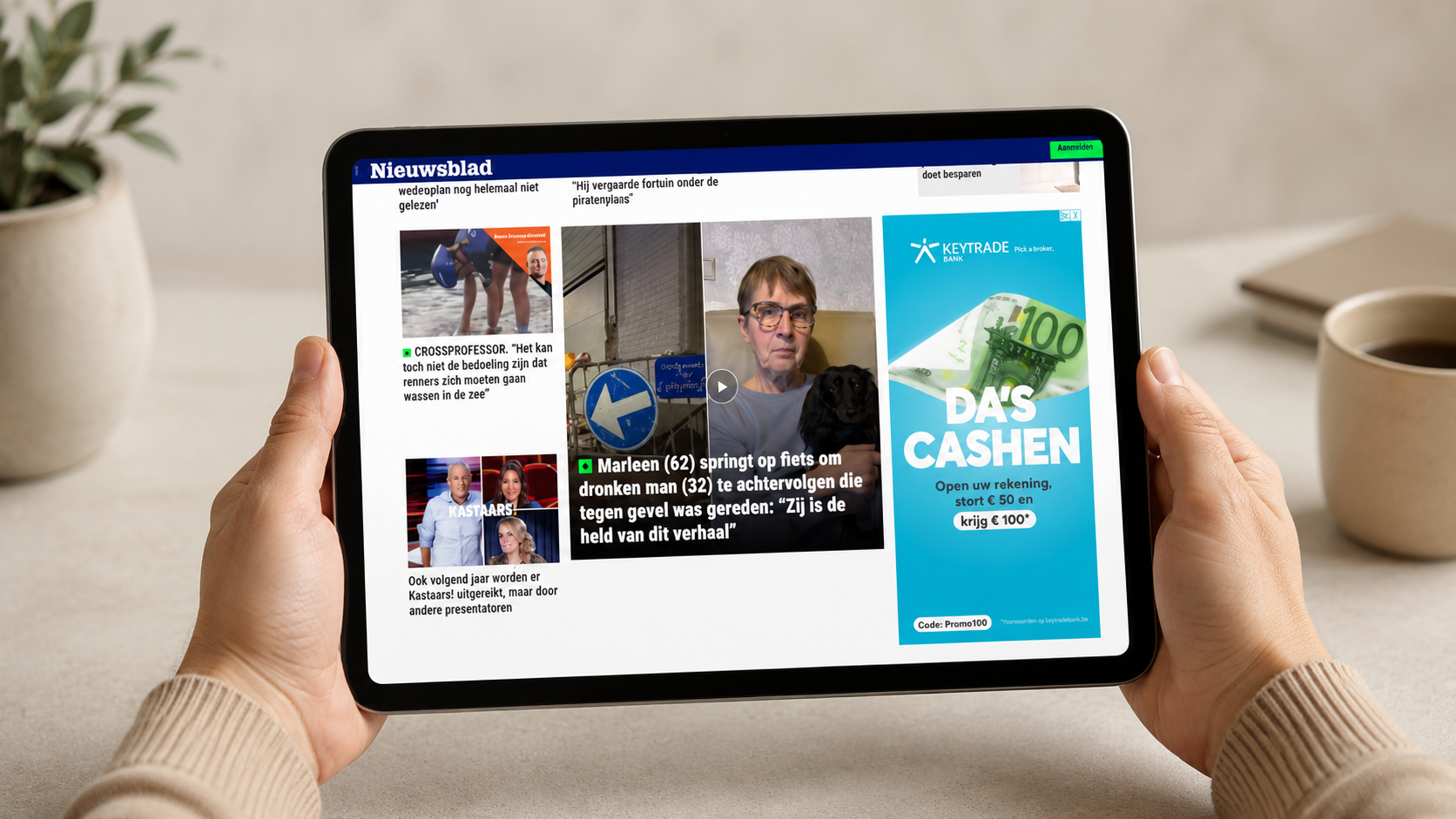 Tablet device met voorbeeld ad Keytrade Bank