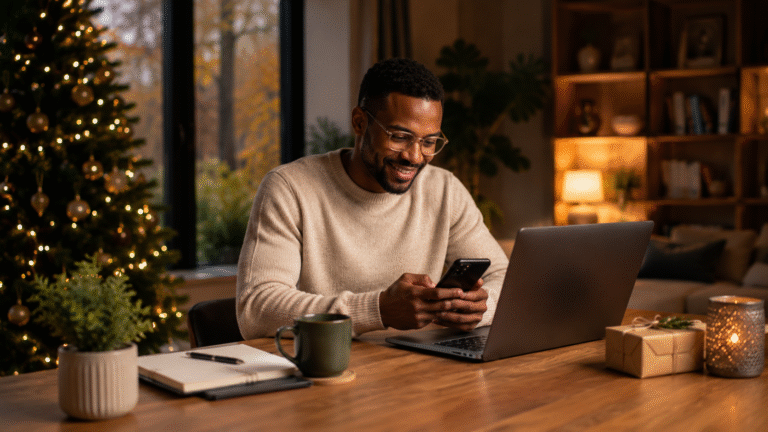 Man zoekt online op smartphone en laptop naar kerstinspiratie