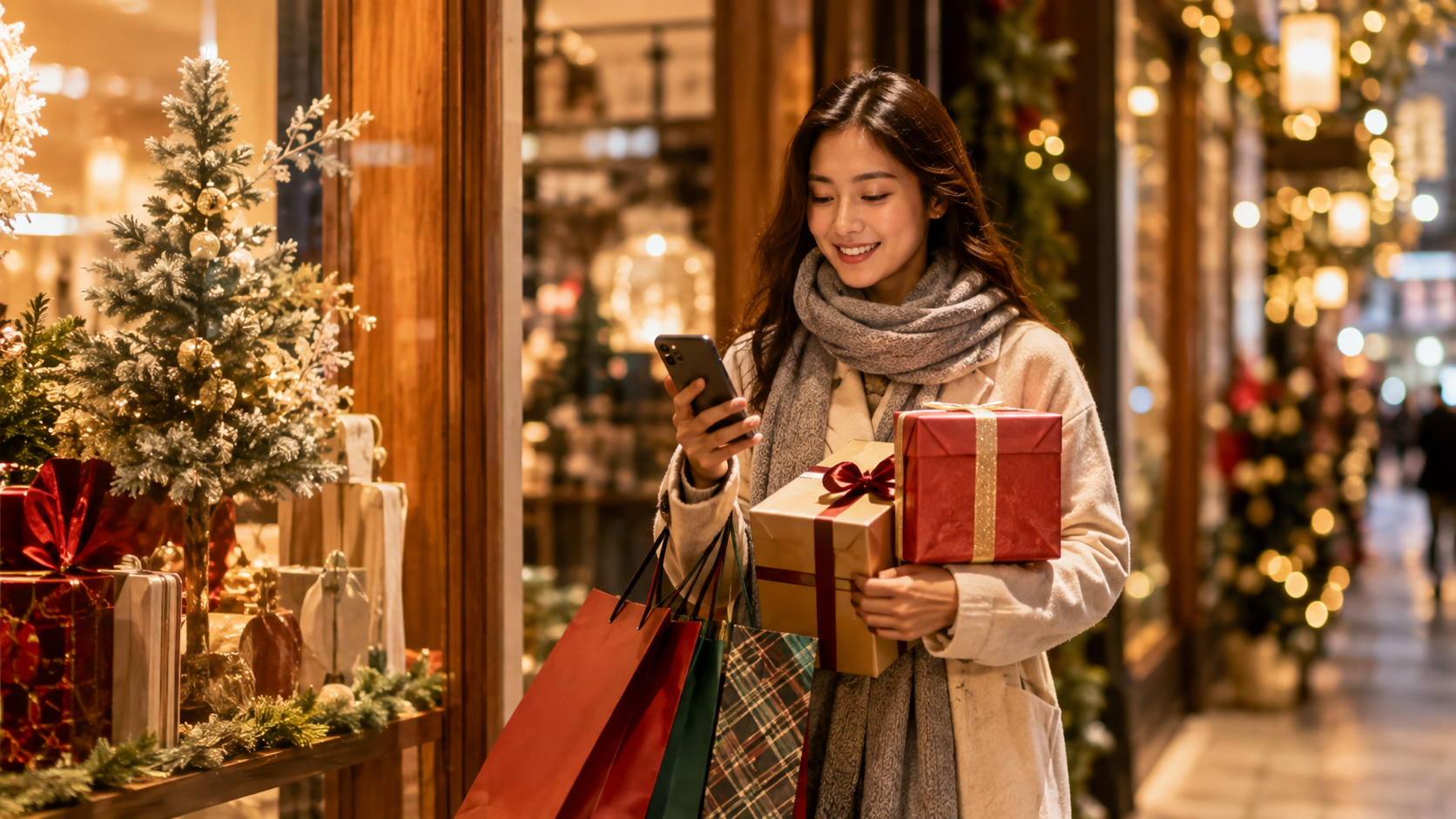 Sfeerbeeld dame kijkt op smartphone tijdens het kerstshoppen