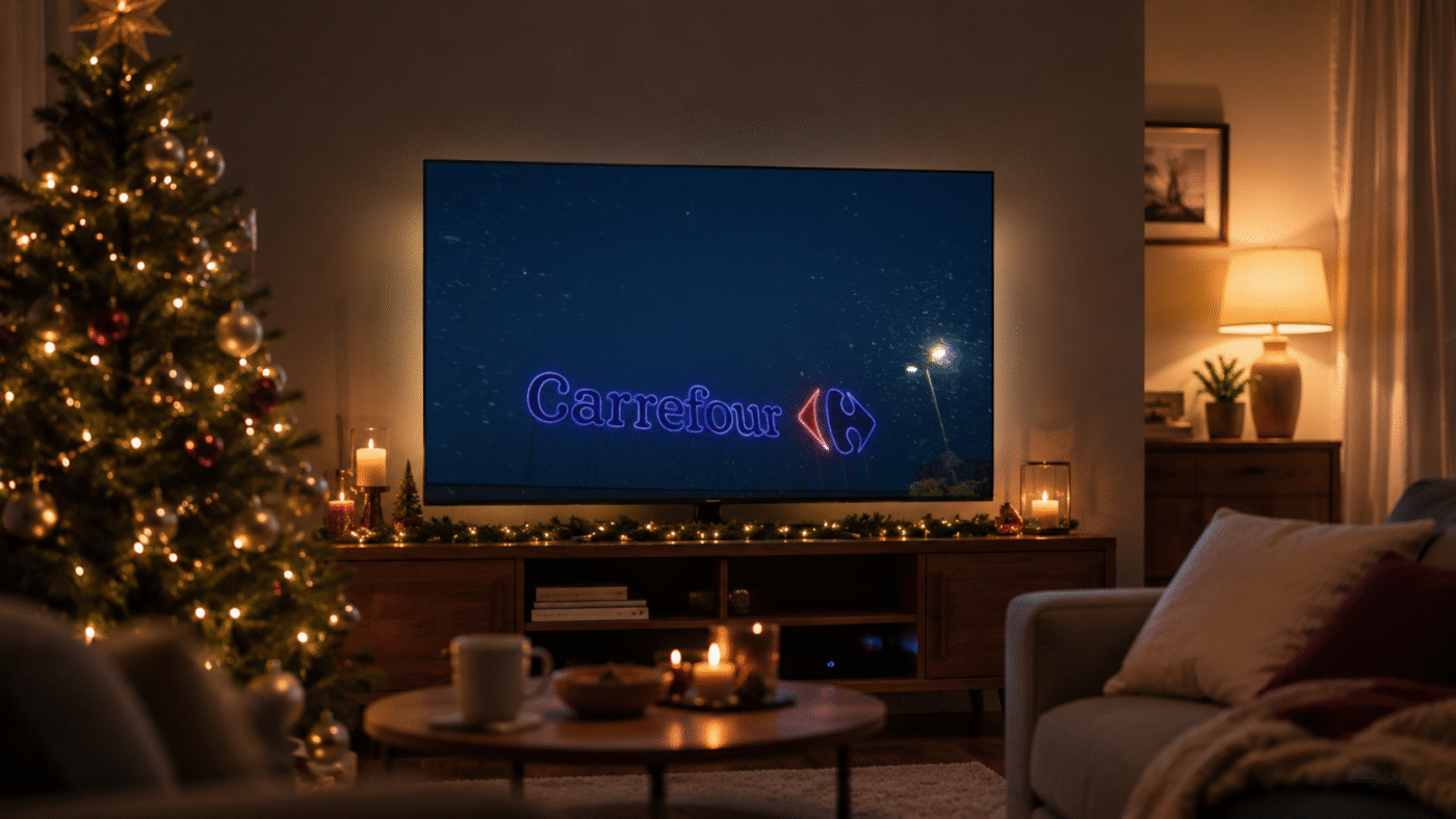 Sfeerbeeld living setting Carrefour op televisiescherm