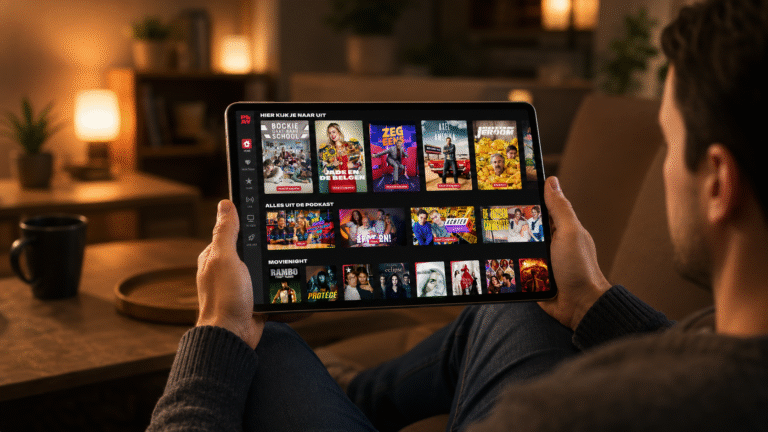 Jongeman houdt tablet vast en scrolt door de Play app