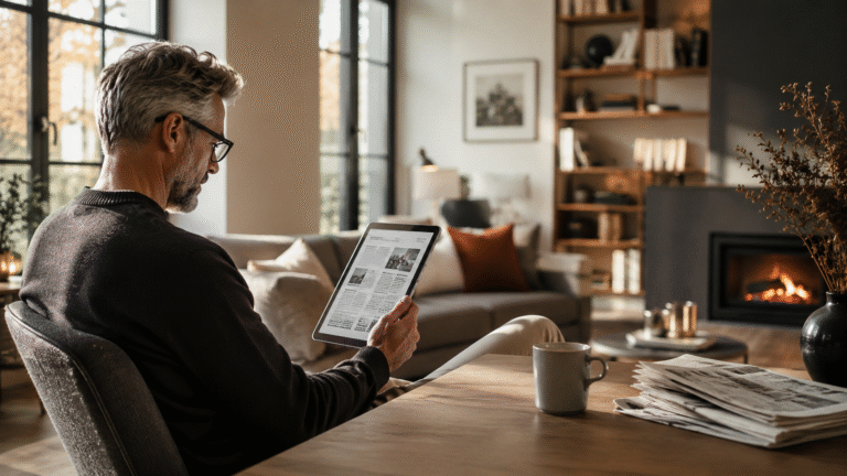 Man leest nieuws op tablet in livingsetting.