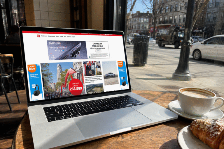 Laptop op tafel in café met beeld van Superheader Samsung