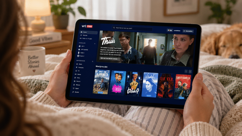 Vrouw houdt tablet vast en kijkt naar het streamingaanbod van VRT MAX